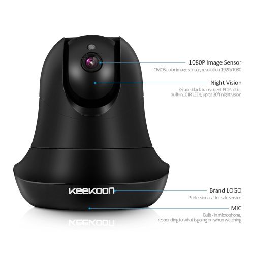  KEEKOON HD 1080P IP Camera Wireless WiFi Baby Pet Monitor Built In Microphone PanTiltZoom Home Security Surveillance Night Vision Camera Support 64 GB SD Card (BLACK)
