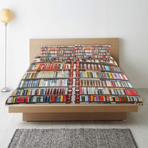  KEEPDIY Books Shelf Pattern Bedding Set (Twin) Velvet Cover Sets 1 Comforter Cover 2 Pillow Shams for Kids Home,Boys Girls