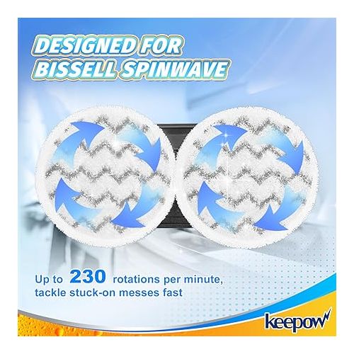  KEEPOW Spinwave Mop Pads Compatible with Bissell SpinWave SmartSteam Scrubbing Steam Mop 3897A 3712C 3712W, Rotating Mop Replacement Pads (4 Pack)