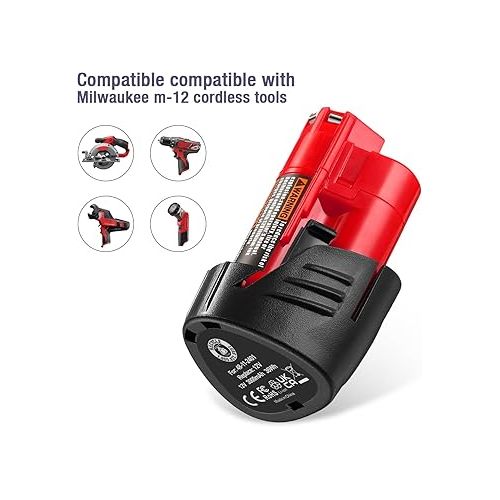  2 Pack 3000mAh M12 Replacement Battery for Milwaukee M12 Battery, Compatible with Milwaukee M12 XC Cordless Power Tools Replace for 48-11-2401, 48-11-2402, 48-11-2440, 48-11-2411