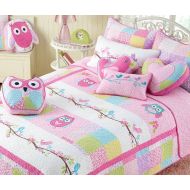 KEET Cozy Line Home Fashions 7-Piece Quilt Bedding Set, Pink Owl Blue Green White Print 100% Cotton Bedspread Coverlet Set (Full/Queen- 7 Piece: 1 Quilt + 2 Standard Shams + 4 Decorativ