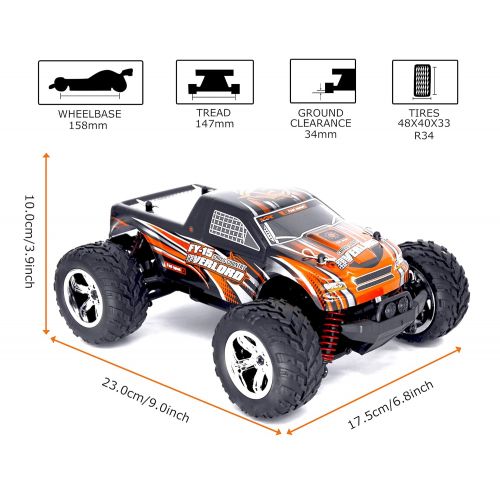  KELIWOW 1/20 Scale Remote Control Car, 2.4Ghz 4WD High Speed Bigfoot Big Wheels Rock Race Truck,25km/h Electric RC Monster Car-Orange-Black