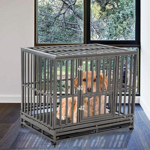  KELIXU Heavy Duty Dog Crate Large Dog cage Dog Kennels and Crates for Large Dogs Indoor Outdoor with Double Doors, Locks and Lockable Wheels