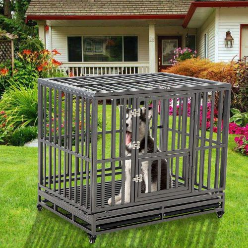  KELIXU Heavy Duty Dog Crate Large Dog cage Dog Kennels and Crates for Large Dogs Indoor Outdoor with Double Doors, Locks and Lockable Wheels