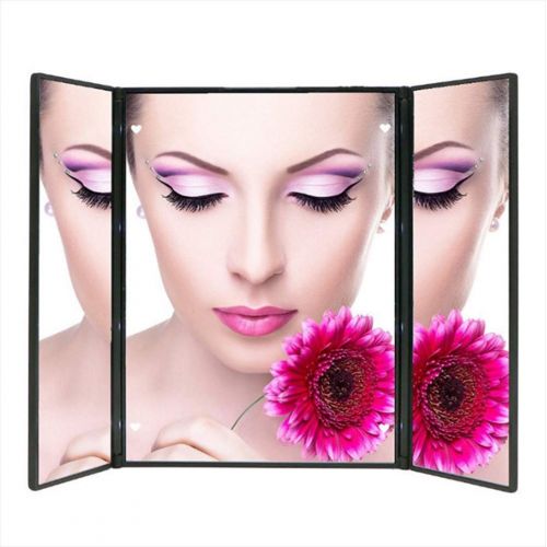  KEOA LED Trifold Makeup Mirror, Desktop Rectangle Vanity Mirror Touch Screen Switch for Countertop Cosmetic Makeup,Red