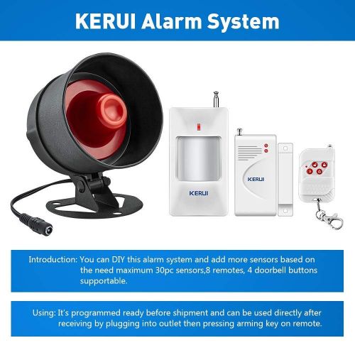  KERUI Standalone Home Office & Shop Security Alarm System Kit, Wireless Loud IndoorOutdoor Weatherproof Siren Horn with Remote Control and Door Contact Sensor,Motion Sensor,Up to