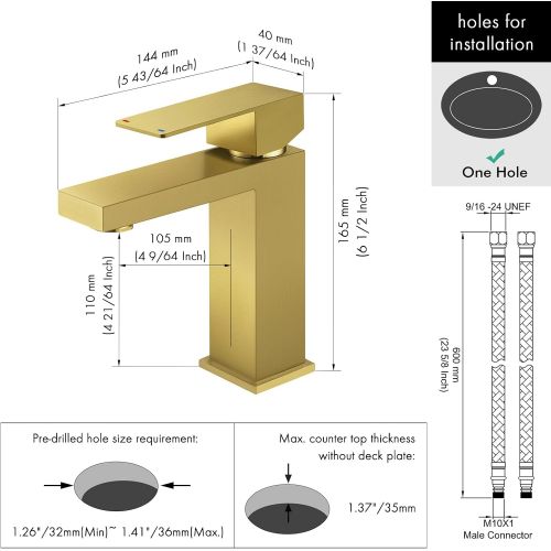  KES Bathroom Sink Faucet Single Hole Modern Vanity Faucet One Handle SUS304 Stainless Steel Rustproof Brushed Brass Finish, L3156ALF-BZ