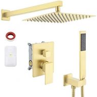 KES Pressure Balancing Rain Shower System Shower Faucet Complete Set Square Brushed Brass (Including Shower Faucet Rough-In Valve Body and Trim), XB6230-BZ