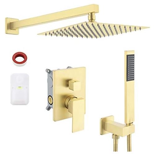  KES Pressure Balancing Rain Shower System Shower Faucet Complete Set Square Brushed Brass (Including Shower Faucet Rough-In Valve Body and Trim), XB6230-BZ