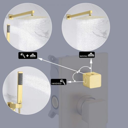  KES Pressure Balancing Rain Shower System Shower Faucet Complete Set Square Brushed Brass (Including Shower Faucet Rough-In Valve Body and Trim), XB6230-BZ