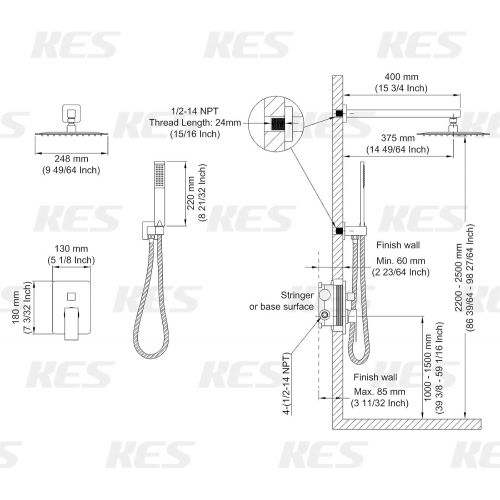  KES Pressure Balancing Rain Shower System Shower Faucet Complete Set Square Brushed Brass (Including Shower Faucet Rough-In Valve Body and Trim), XB6230-BZ