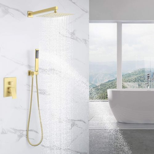  KES Pressure Balancing Rain Shower System Shower Faucet Complete Set Square Brushed Brass (Including Shower Faucet Rough-In Valve Body and Trim), XB6230-BZ