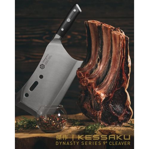  Kessaku 9-Inch Annihilator Massive Butcher Knife - Dynasty Series - Stand and Sheath Included - 3lbs - 6mm Thickness - Forged ThyssenKrupp German High Carbon Steel - G10 Handle