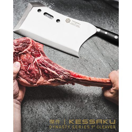  Kessaku 9-Inch Annihilator Massive Butcher Knife - Dynasty Series - Stand and Sheath Included - 3lbs - 6mm Thickness - Forged ThyssenKrupp German High Carbon Steel - G10 Handle
