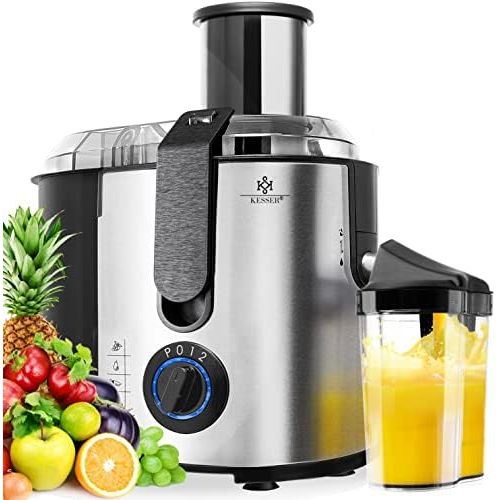  Kesser KESSER Entsafter fuer Obst und Gemuese aus Edelstahl 1100W grosse 85 mm Einfuelloeffnung inkl. Reinigungsbuerste und Saftbehalter 3 Geschwindigkeitsstufen, Saftpresse Juicer, Silber