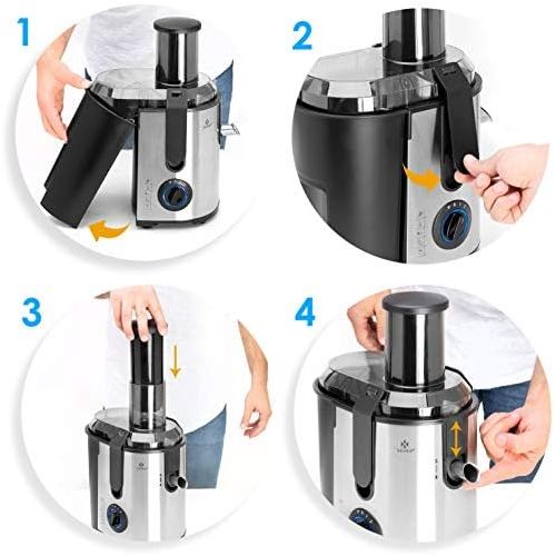  Kesser KESSER Entsafter fuer Obst und Gemuese aus Edelstahl 1100W grosse 85 mm Einfuelloeffnung inkl. Reinigungsbuerste und Saftbehalter 3 Geschwindigkeitsstufen, Saftpresse Juicer, Silber