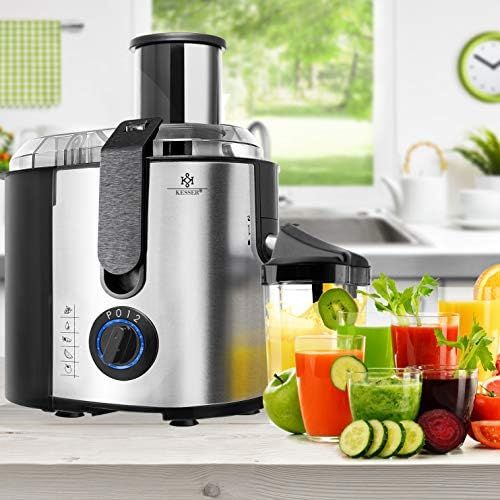  Kesser KESSER Entsafter fuer Obst und Gemuese aus Edelstahl 1100W grosse 85 mm Einfuelloeffnung inkl. Reinigungsbuerste und Saftbehalter 3 Geschwindigkeitsstufen, Saftpresse Juicer, Silber