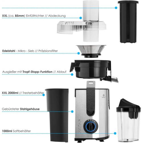  Kesser KESSER Entsafter fuer Obst und Gemuese aus Edelstahl 1100W grosse 85 mm Einfuelloeffnung inkl. Reinigungsbuerste und Saftbehalter 3 Geschwindigkeitsstufen, Saftpresse Juicer, Silber