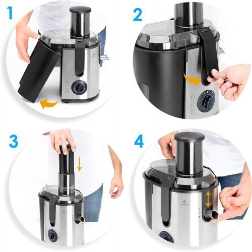  Kesser KESSER Entsafter fuer Obst und Gemuese aus Edelstahl 1100W grosse 85 mm Einfuelloeffnung inkl. Reinigungsbuerste und Saftbehalter 3 Geschwindigkeitsstufen, Saftpresse Juicer, Silber