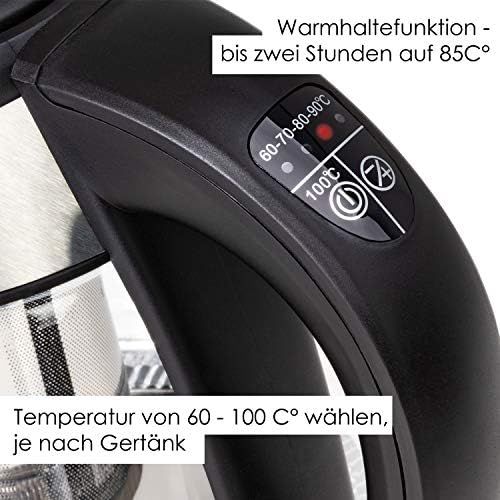  Kesser KESSER 1,8L Edelstahl Wasserkocher mit LED Beleuchtung-Farbe je nach Temperaturwahl 60, 70, 80, 90, 100 °C | Glaswasserkocher ink. Teesieb-Einsatz und Kalk-Filter | Warmhaltefunkt