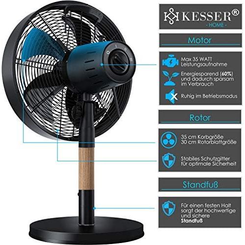  KESSER - Tischventilator Metall - Holz leise Ventilator mit 3 Geschwindigkeitsstufen - 80° Oszillation - Neigungswinkel 25° - modernes Design | Windmaschine | Luftkuehler Mittelsau