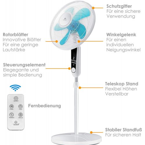  KESSER - Standventilator mit Fernbedienung und Display Led - Timer leise Oszillation 80 Grad - 60 Watt - Ventilator hoehenverstellbarer 115-134 cm - Kopf 35 Grad neigbar - 3 Geschw