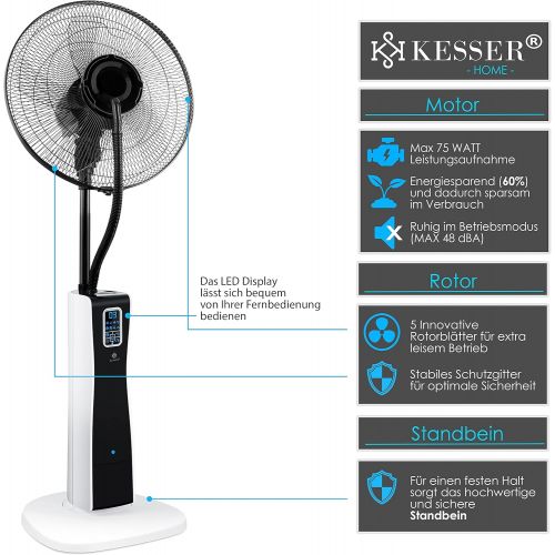  [아마존베스트]Kesser Frosty Standing Fan with Water Ultrasonic Spray Mist Water Cooling incl. Remote control timer function, humidifier quiet, mist function, room humidifier, floor fan.