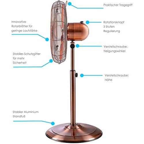  [아마존베스트]KESSER Floor Fan Metal 40 cm | Oscillation 80 Degree | Chrome Design | Height Adjustable Base | 3 Speeds | 30 Degree Tilting | Fan Stand Fan | Copper