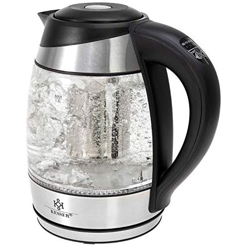 [아마존베스트]Kesser 1.8 L Stainless Steel Glass Kettle Including Tea strainer insert and limescale filter, Water kettle with LED lighting colour depending on temperature selection, 60, 70, 80,