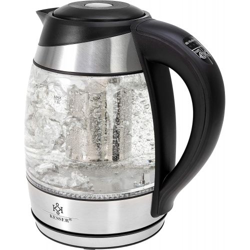  [아마존베스트]Kesser 1.8 L Stainless Steel Glass Kettle Including Tea strainer insert and limescale filter, Water kettle with LED lighting colour depending on temperature selection, 60, 70, 80,