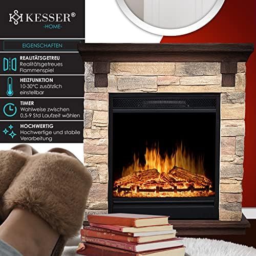  KESSER Electric Fireplace with LED 3D Flame Effect, with Heating Function, 1,800W Power, Timer, Thermostat, Remote Control, Dimmable, Natural/Brown