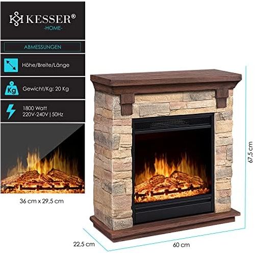  KESSER Electric Fireplace with LED 3D Flame Effect, with Heating Function, 1,800W Power, Timer, Thermostat, Remote Control, Dimmable, Natural/Brown