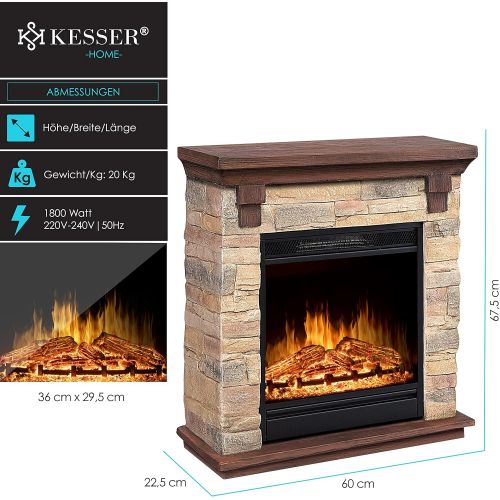  KESSER Electric Fireplace with LED 3D Flame Effect, with Heating Function, 1,800W Power, Timer, Thermostat, Remote Control, Dimmable, Natural/Brown