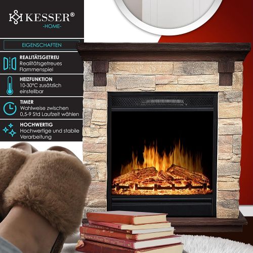  KESSER Electric Fireplace with LED 3D Flame Effect, with Heating Function, 1,800W Power, Timer, Thermostat, Remote Control, Dimmable, Natural/Brown