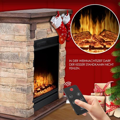  KESSER Electric Fireplace with LED 3D Flame Effect, with Heating Function, 1,800W Power, Timer, Thermostat, Remote Control, Dimmable, Natural/Brown