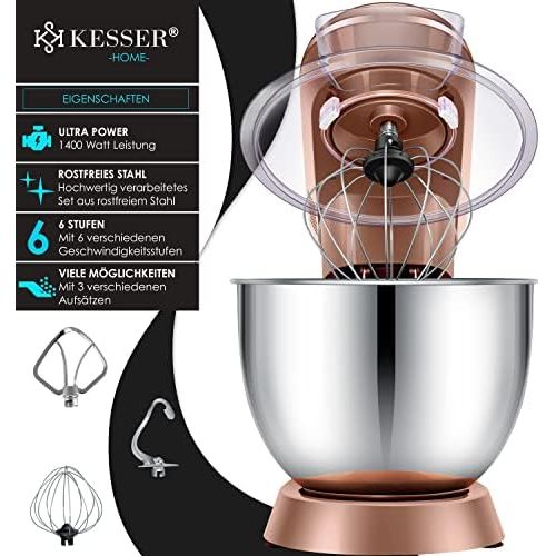  KESSER KM 2000 Food Processor Kneading and Mixing Function 7.6 L Stainless Steel Bowl 1400 W Multifunctional Includes Mixing Attachment, Dough Hook, Whisk, Splash Guard, Dough Mac