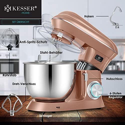  KESSER KM 2000 Food Processor Kneading and Mixing Function 7.6 L Stainless Steel Bowl 1400 W Multifunctional Includes Mixing Attachment, Dough Hook, Whisk, Splash Guard, Dough Mac