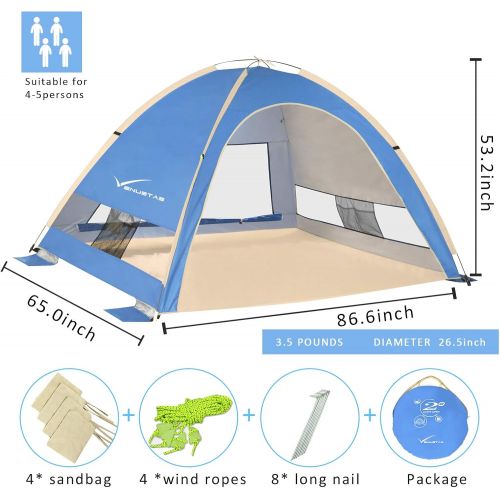  KEUMER Venustas Pop Up Beach Tent, Portable Beach Tent Automatic Sun Shelter, Lightweight Easy Setup Tents 4 Person UPF50+ Anti-UV Protection Sunshade for Family Adults