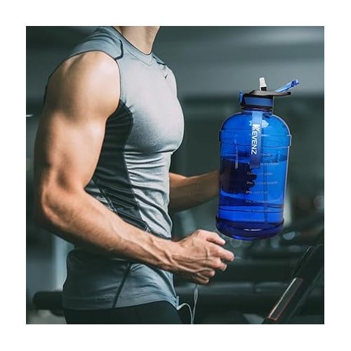  KEVENZ Water Bottle with Time Marker, 1 Gallon Water Bottle with Straw, Leakproof Water Jug, BPA Free, Blue