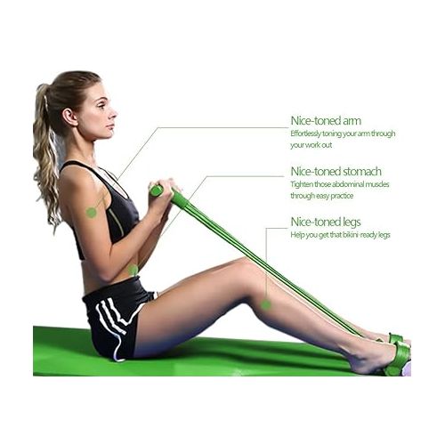  KEVENZ Pedal Resistance Band, 4-Tube Natural Latex Yoga Pedal Puller Resistance Band Comes with Elastic Pull Rope, Fitness Equipment for Abdomen, Waist, Arm, Yoga Stretching Slimming Training, Green
