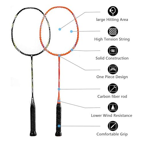  KEVENZ Badminton Racket Set, 2 Carbon Fiber Badminton Racquet, 3 Goose Feather Badminton Birdie, 2 Racket Grip and 1 Carring Bag