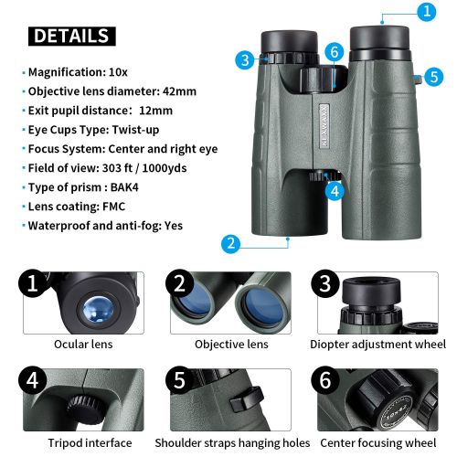  KEXWAXX 10x42 Binoculars for Adults Birdwatching, Compact HD Binoculars for Outdoor Activities, Concerts, Hunting, BAK-4 Prism FMC Lens-with Smartphone Adapter, Tripod Mounting Ada