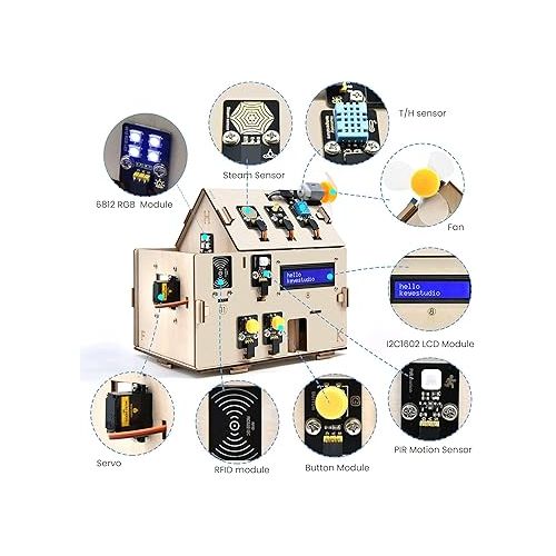  KEYESTUDIO ESP32 Smart Home Starter Kit for Arduino and Python,Electronics Home Automation Coding Kit, Wooden House DIY Sensor Kit STEM Educational Set for Adults Teens 15+