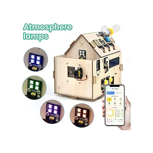  KEYESTUDIO ESP32 Smart Home Starter Kit for Arduino and Python,Electronics Home Automation Coding Kit, Wooden House DIY Sensor Kit STEM Educational Set for Adults Teens 15+