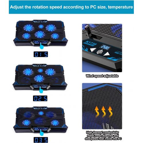  [아마존베스트]KEYNICE Laptop Cooling Pad, Notebook Cooler with 6 Quiet Fan, Dual USB Port, 5 Wind Speed Adjustable, Blue LED Light, Fit 12-17 Computer, Portable Cooler Pad with LCD Screen, Gamin
