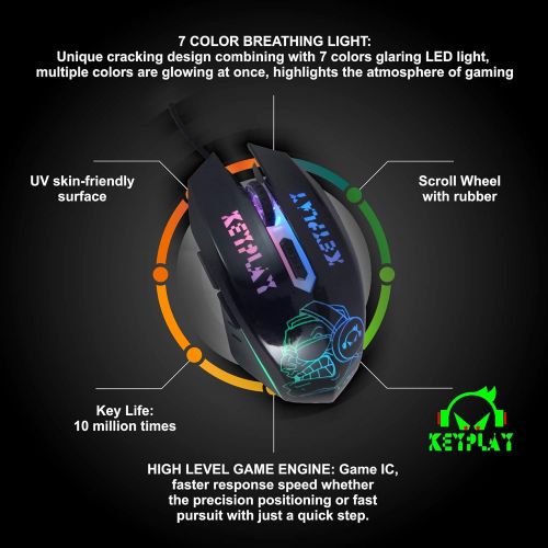  KEYPLAY - LUKE - Gaming Mouse Ergonomic 6 Buttons 7 Color Led Light 4 Adjustable DPI High Resolution UV Skin Friendly Surface Gamer Mouse USB Wired PC MAC LINUX Computer Mouse