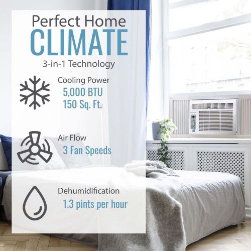  KEYSTONE LCD 5,000 BTU Window Mounted Air Conditioner Star Follow Me Remote Control Energy Saver Sleep Mode Timer Auto-Restart AC for Rooms up to 150 Sq. Ft KSTAW05CE, 5000, White