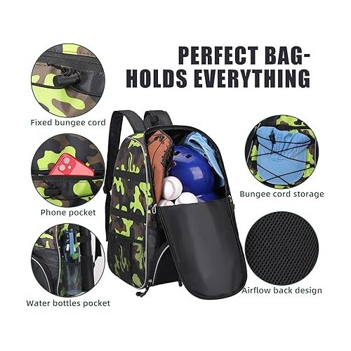  Baseball Bag, Softball Bag with Shoes Compartment Bat Backpack for Baseball, T-Ball Bat, Glove Holder, Helmet, Caps, Teeball Equipment Gear