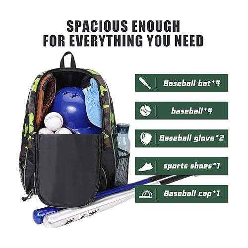  Baseball Bag, Softball Bag with Shoes Compartment Bat Backpack for Baseball, T-Ball Bat, Glove Holder, Helmet, Caps, Teeball Equipment Gear