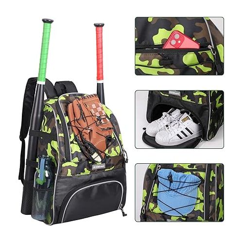  Baseball Bag, Softball Bag with Shoes Compartment Bat Backpack for Baseball, T-Ball Bat, Glove Holder, Helmet, Caps, Teeball Equipment Gear